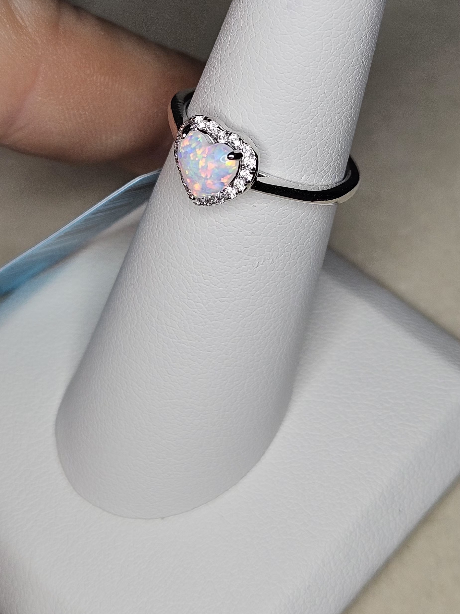 Heart White Opal Halo Ring - 925 Sterling Silver
